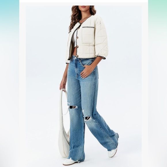 New! Cropped Quilted Jacket Winter Lightweight Puff 3/4 Sleeve Button Down Large - Picture 2 of 7